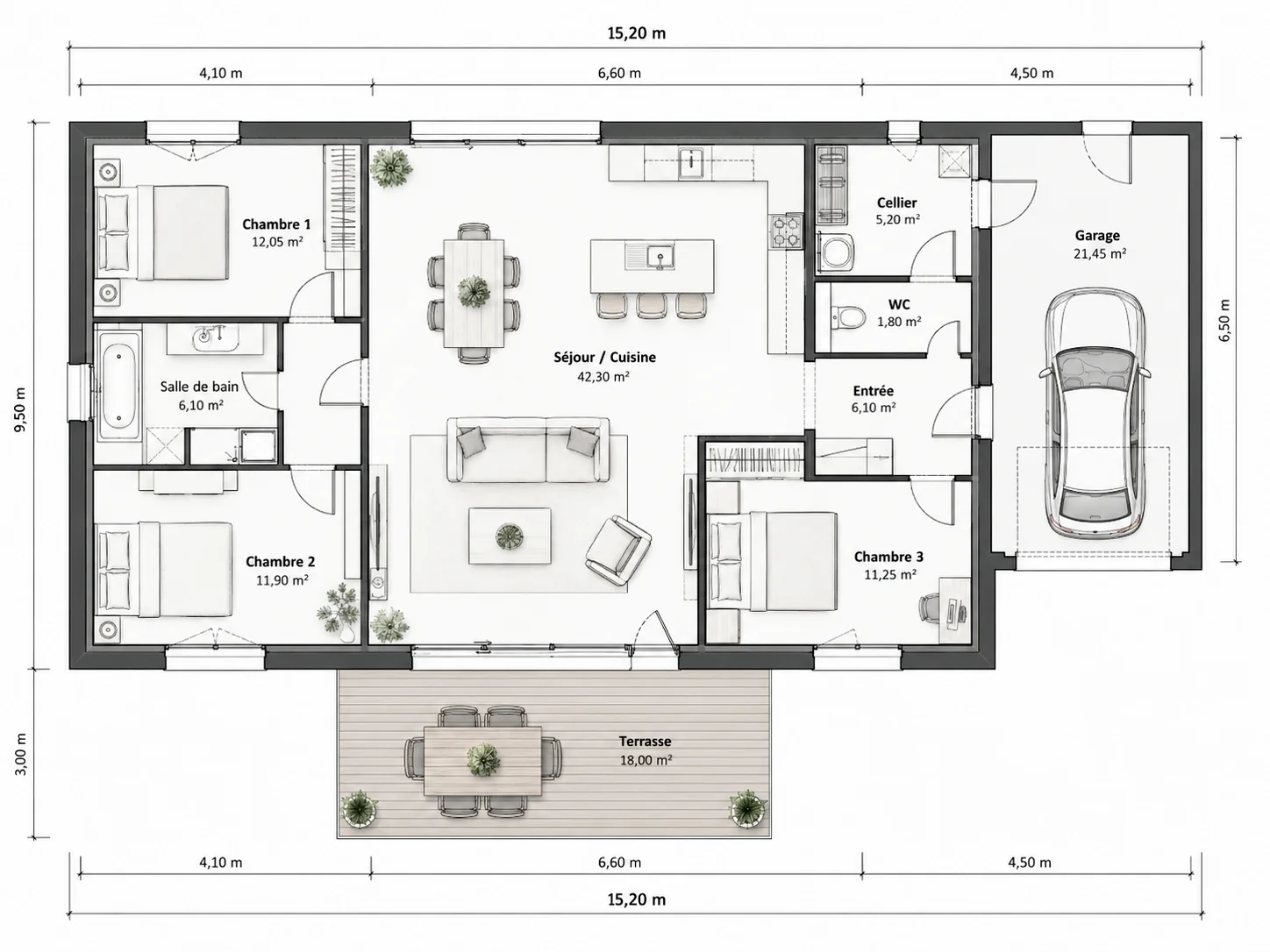 Vue illustrative d'un plan de maison individuelle avec chambres, séjour-cuisine, garage et terrasse